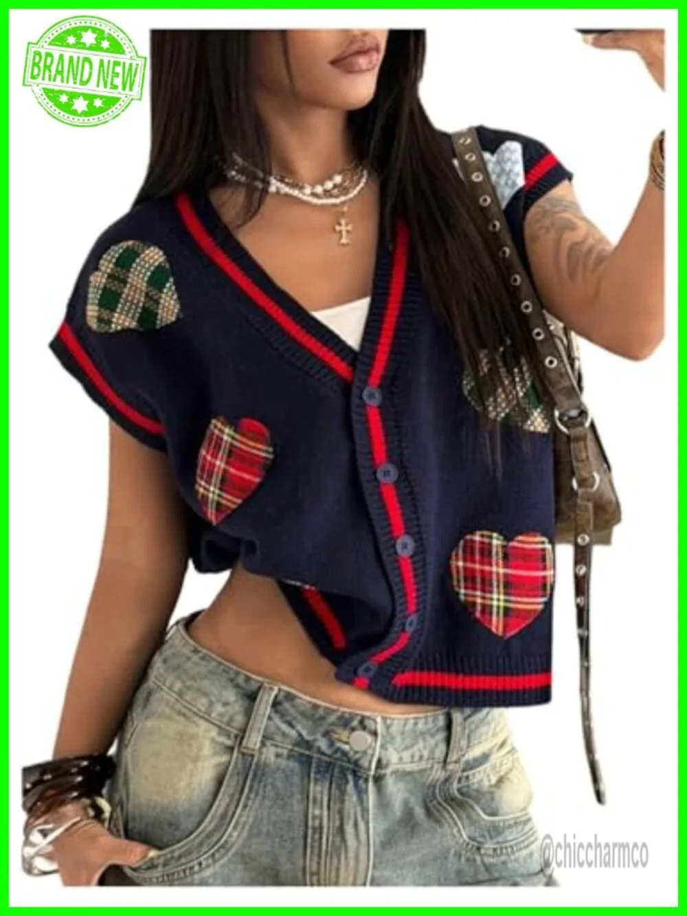 Plaid Heart Patchwork Knit Sweater Vest V Neck Button Up Cap Sleeve Cardigan